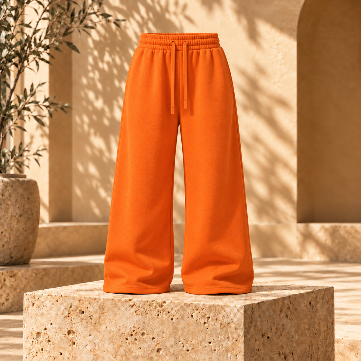 Buzo baggy liso algodón nacional naranja vista frente fondo beige mediterráneo