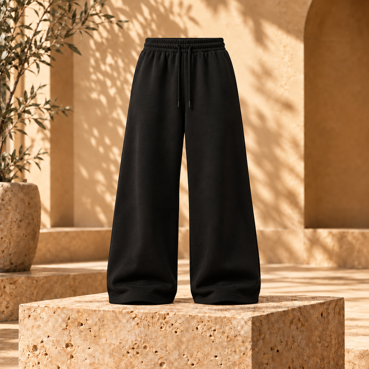 Buzo baggy liso algodón nacional negro vista frente fondo beige mediterráneo