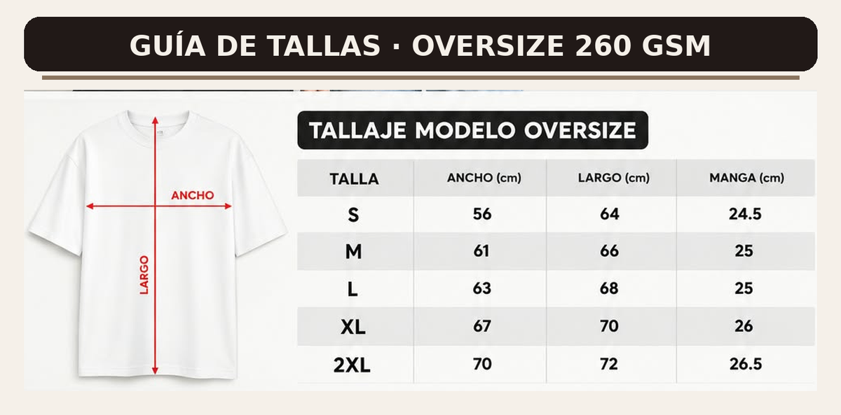 Guía de tallas Polera Oversize 260 GSM Textil El Peruanito